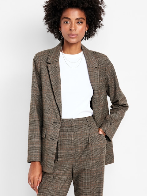 Relaxed Twill Blazer - Brown Plaid