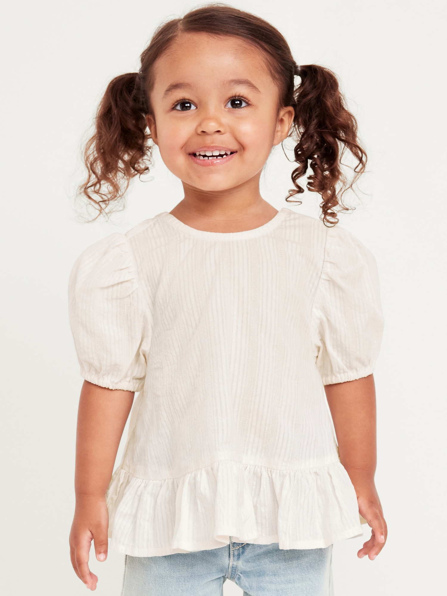 Short-Sleeve Textured Ruffle-Hem Top for Toddler Girls - White