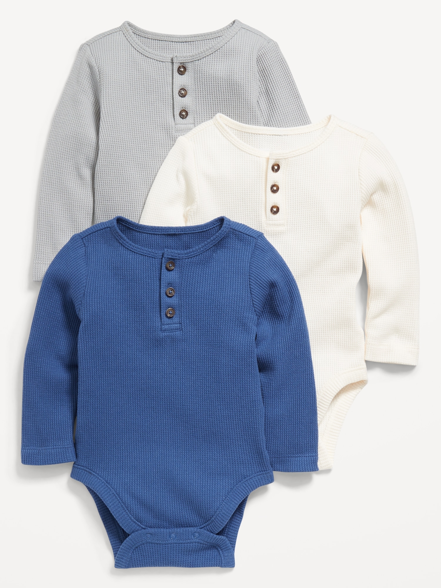 Long-Sleeve Thermal-Knit Henley Bodysuit 3-Pack for Baby