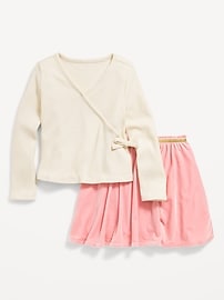 View large product image 4 of 4. Long-Sleeve Ribbed Wrap-Front Top and Velvet Skirt Set for Toddler Girls