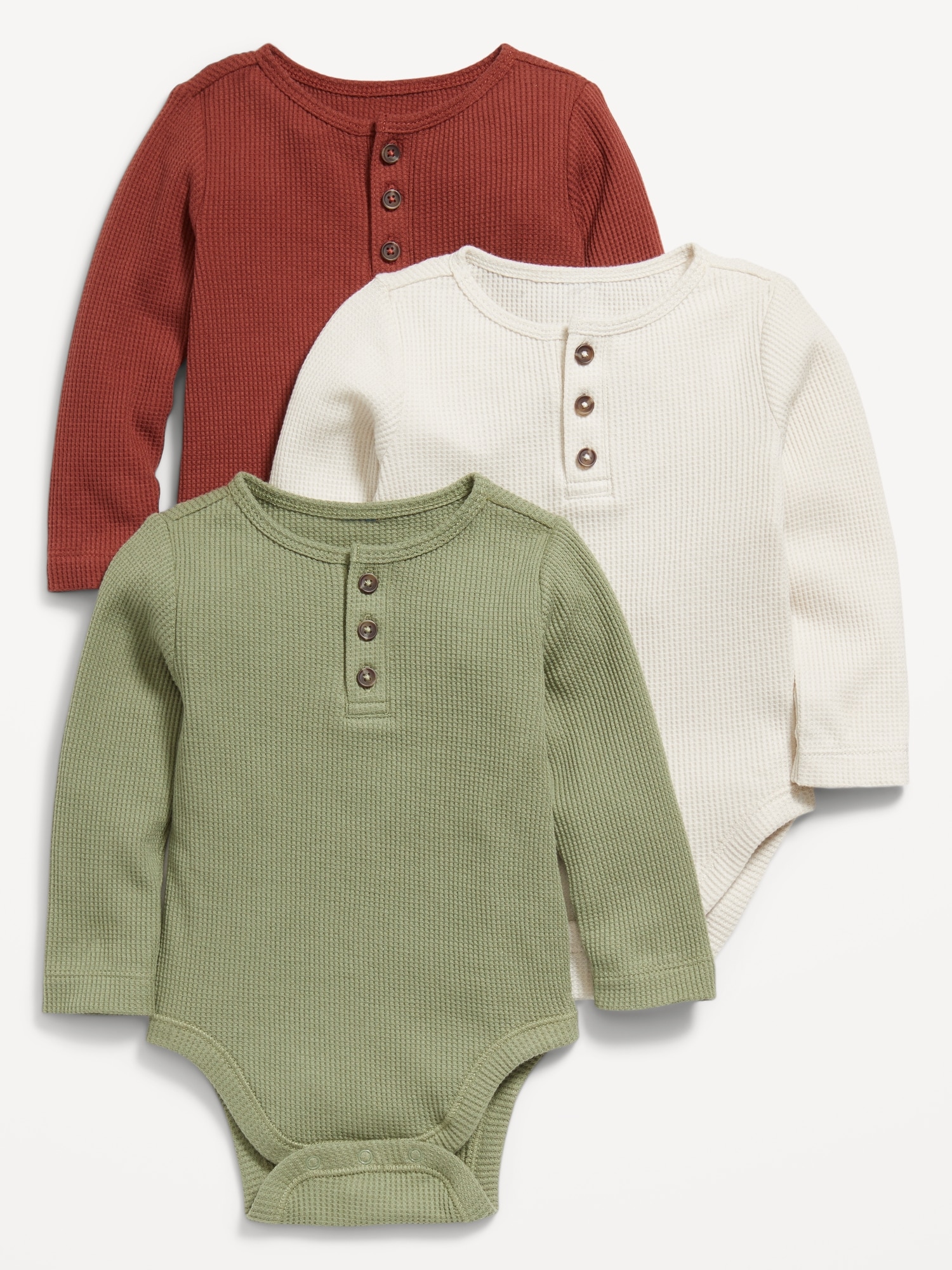 Long-Sleeve Thermal-Knit Henley Bodysuit 3-Pack for Baby