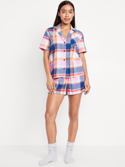 Flannel Pajama Short Set for Women - Pink Plaid