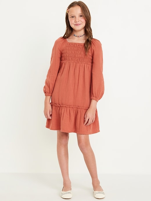 View large product image 1 of 3. Long-Sleeve Double-Weave Fit and Flare Dress for Girls