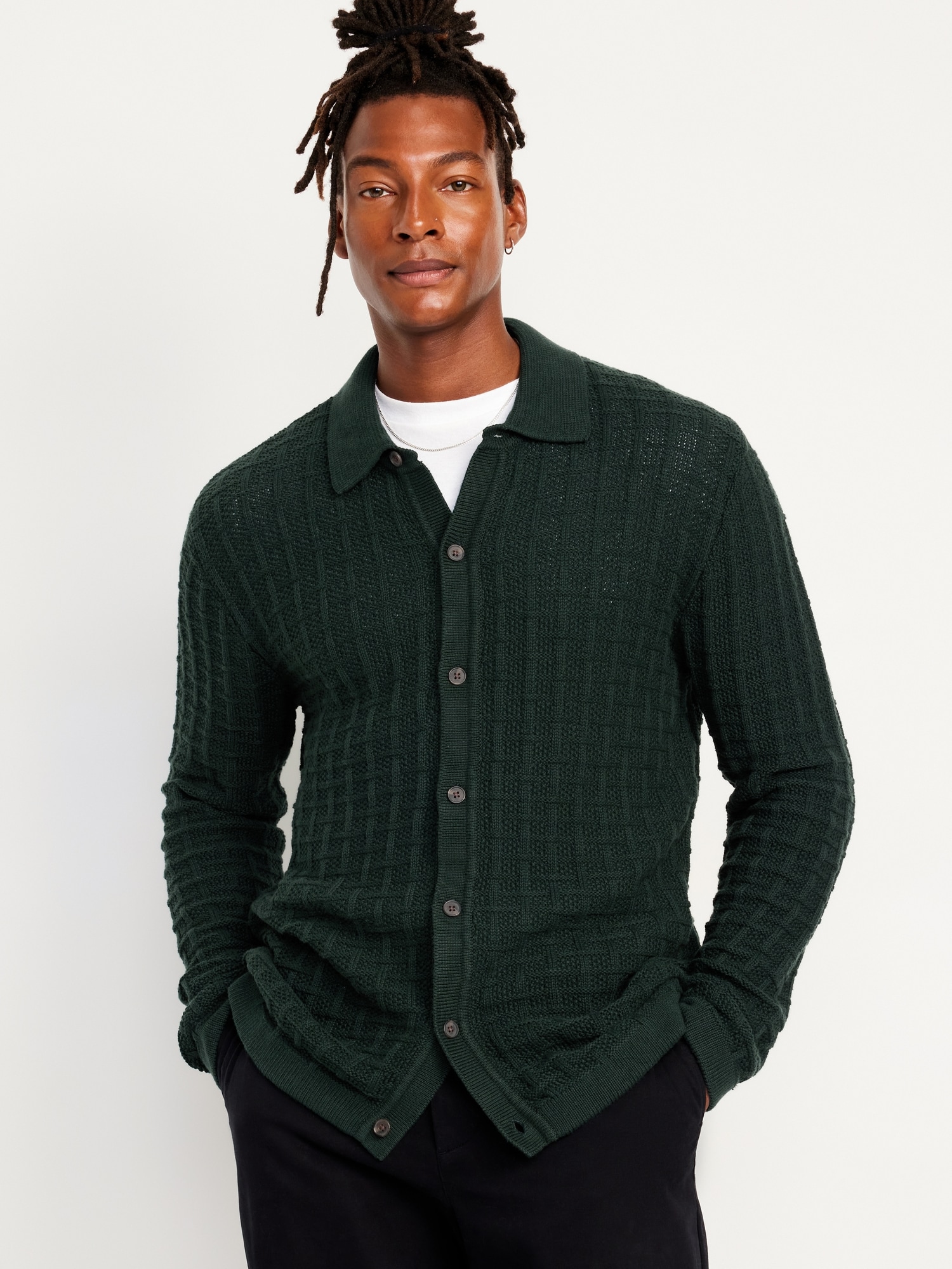 Textured Button-Down Sweater - Green