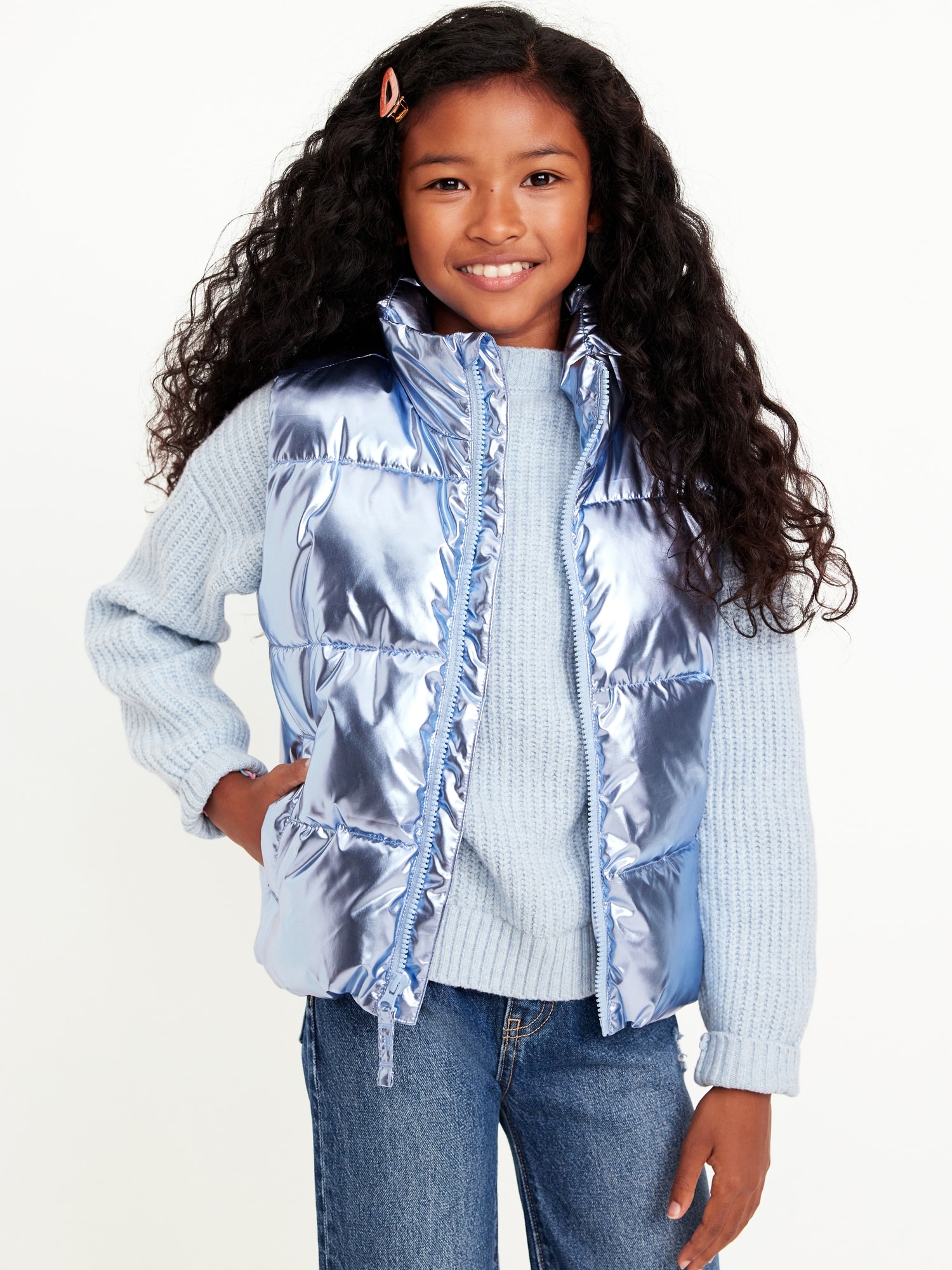 Water-Resistant Metallic Puffer Vest for Girls