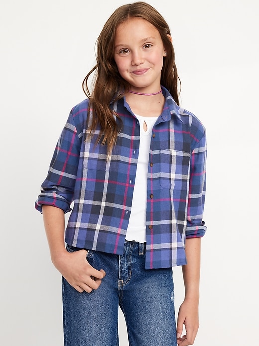 View large product image 1 of 3. Cropped Long-Sleeve Plaid Pocket Flannel Shirt for Girls