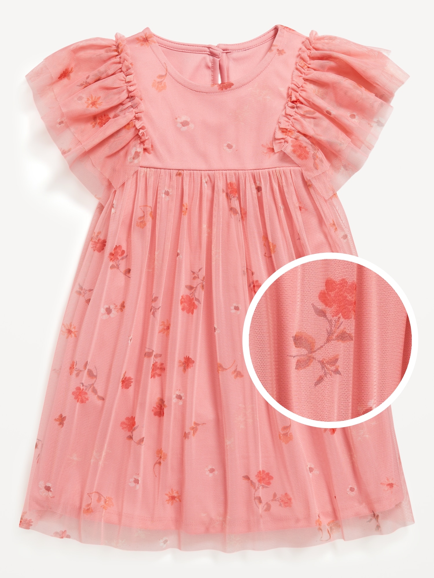 Flutter-Sleeve Printed Tulle Dress for Toddler Girls