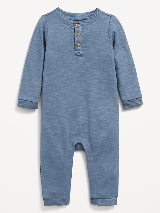 View large product image 1 of 1. Long-Sleeve Jersey-Knit Henley One-Piece for Baby