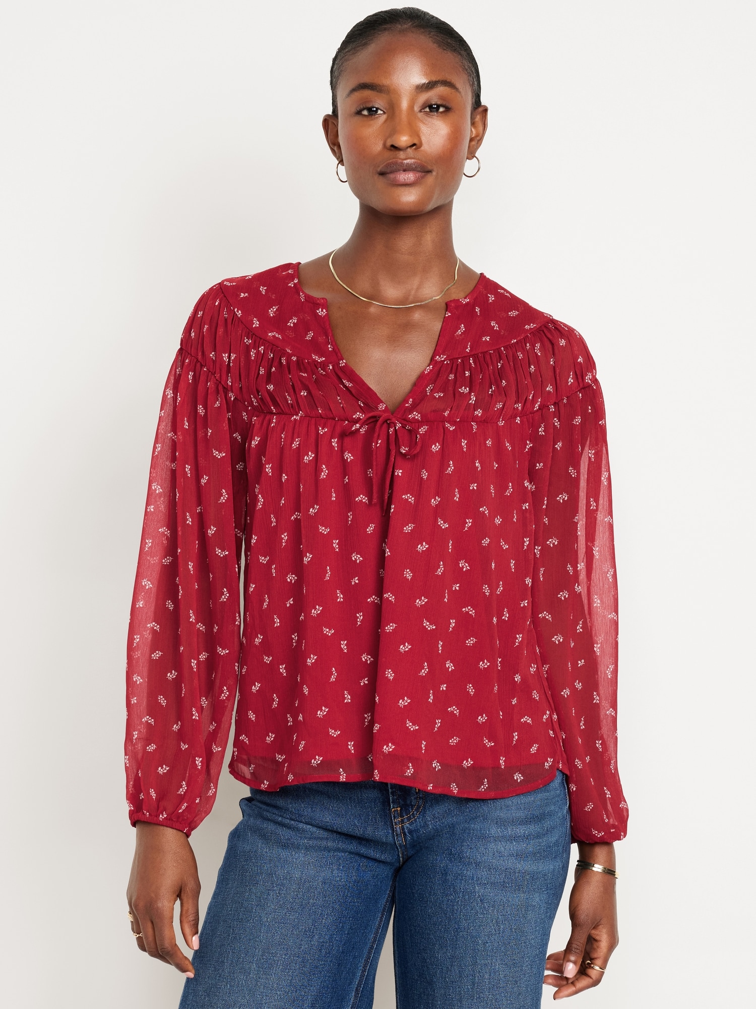 Tie-Front Chiffon Top - Red