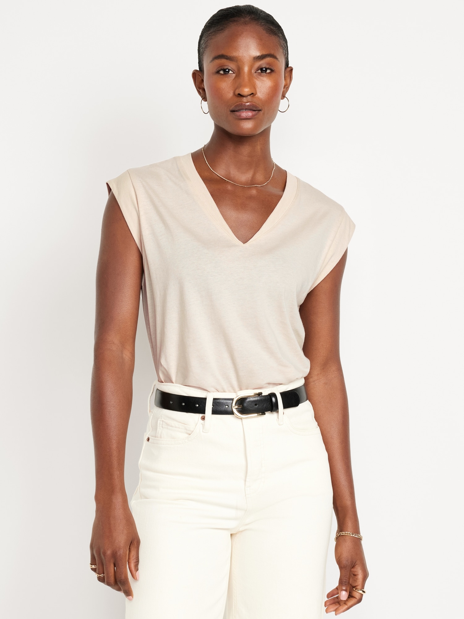 Sleeveless V-Neck Top - Beige