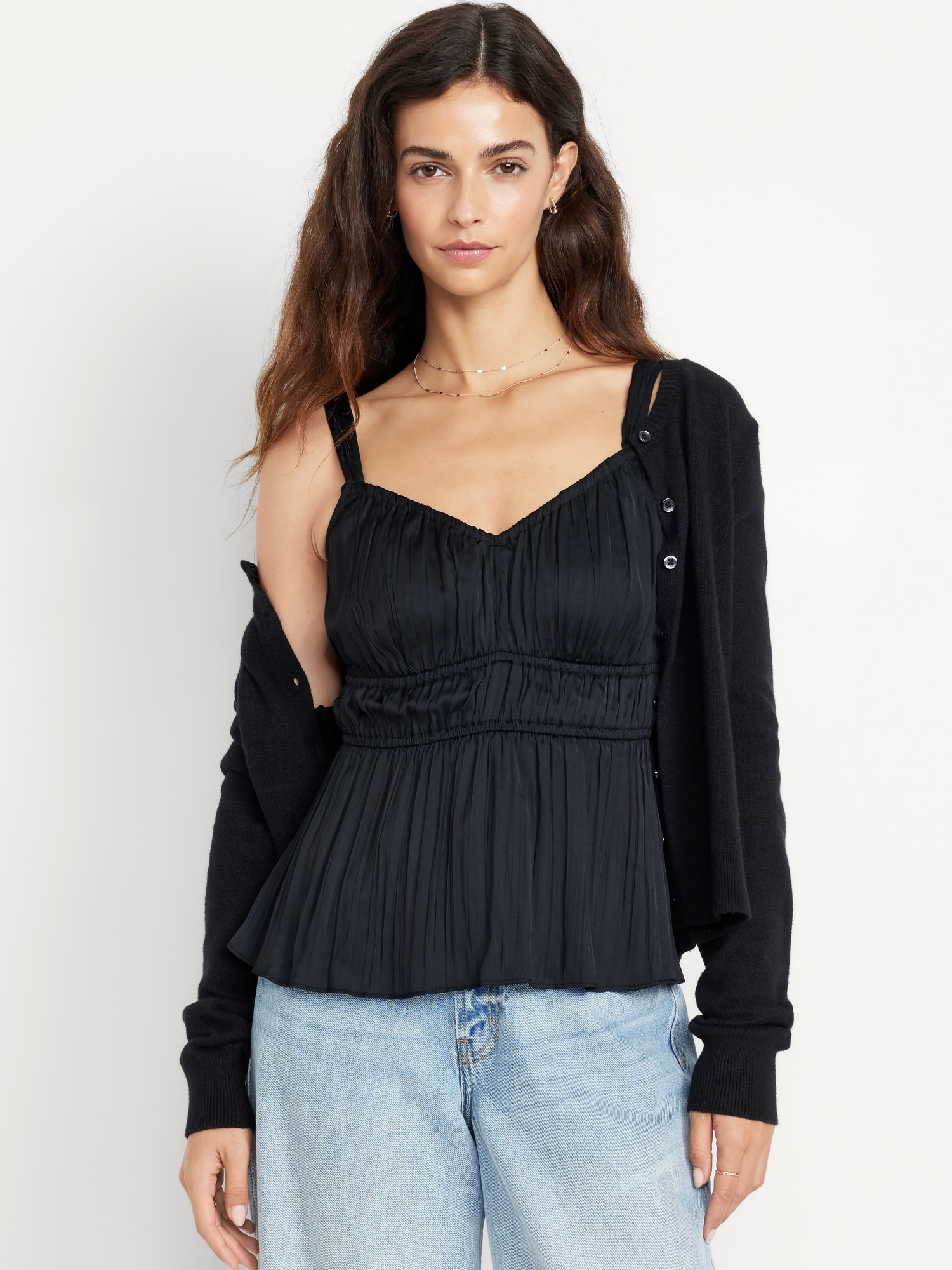 Waist-Defined Satin Top - Black