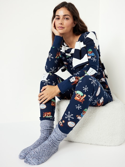 Image number 3 showing, High-Waisted Printed Waffle Pajama Leggings