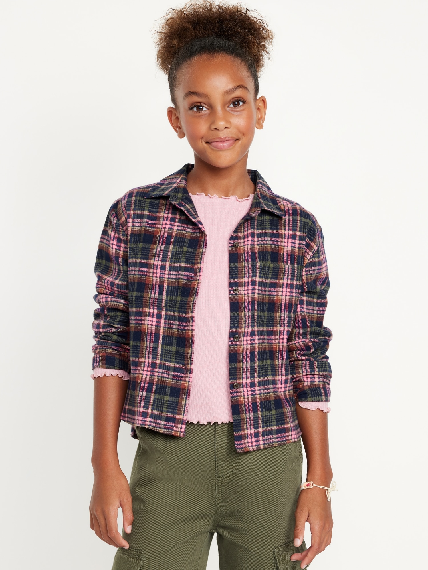 Cropped Long-Sleeve Plaid Pocket Flannel Shirt for Girls | Old Navy