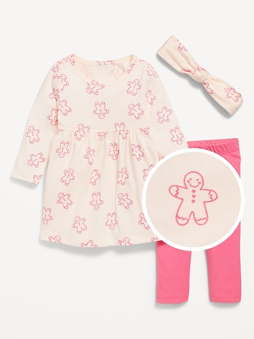 View large product image 1 of 3. Printed Long-Sleeve Dress, Leggings, and Headband Set for Baby