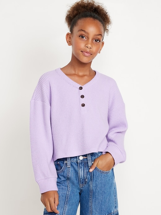 View large product image 1 of 3. Long-Sleeve Thermal-Knit Henley Top for Girls