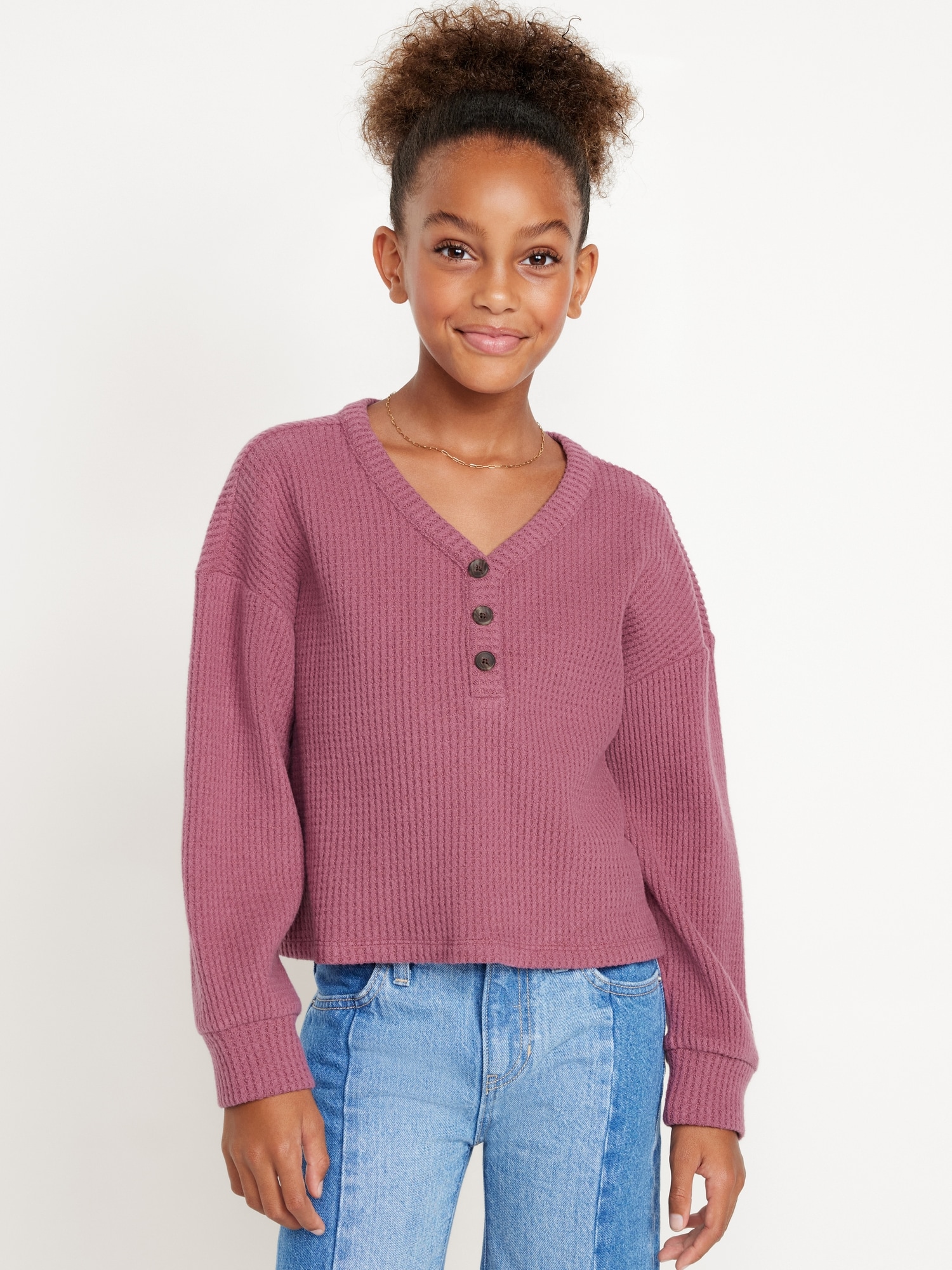 Long-Sleeve Thermal-Knit Henley Top for Girls - Pink