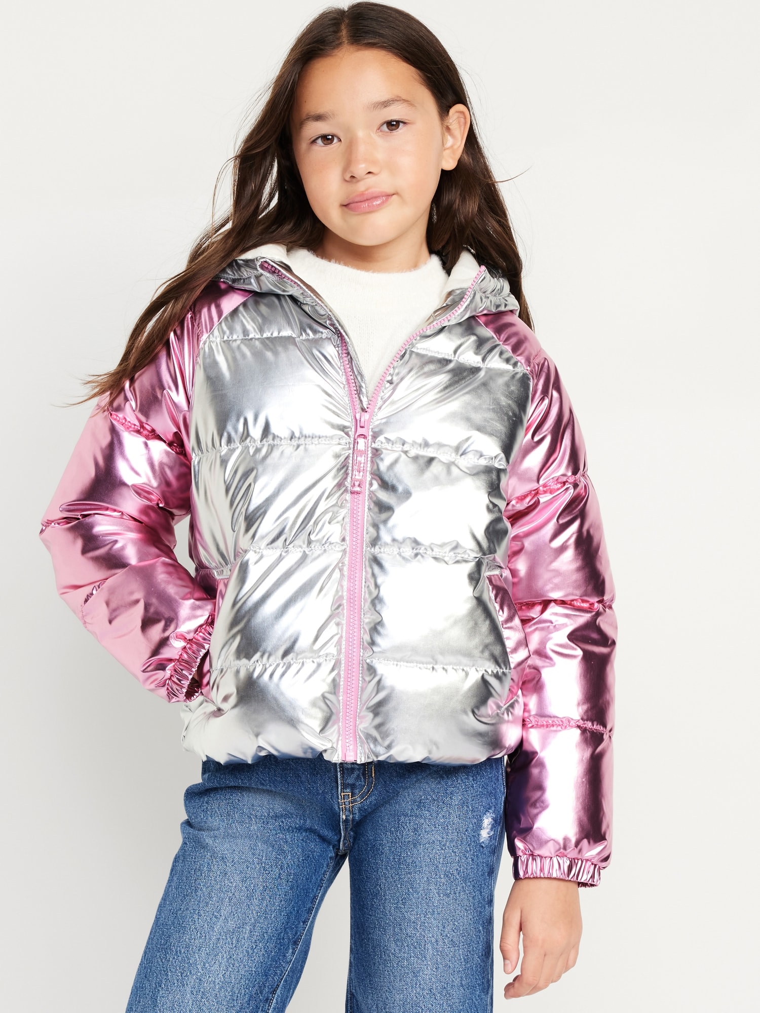 Water-Resistant Metallic Quilted Puffer Jacket for Girls