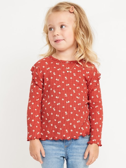 View large product image 1 of 3. Printed Long-Sleeve Ruffle Pointelle Top for Toddler Girls