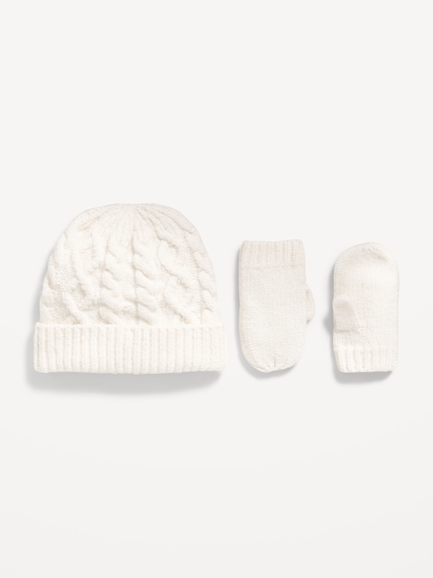 Cable-Knit Beanie and Mittens Set for Toddler Boys - Cream