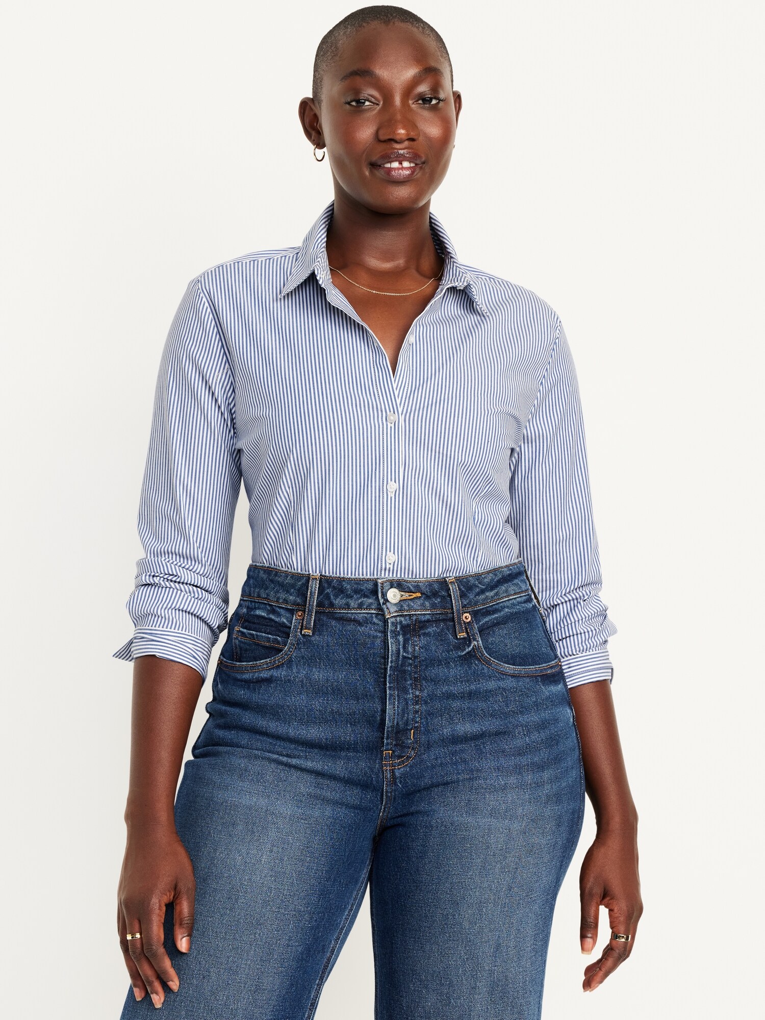 Женская рубашка Old Navy Slim Button-Down, цвет: Синий полосатый — фото 5