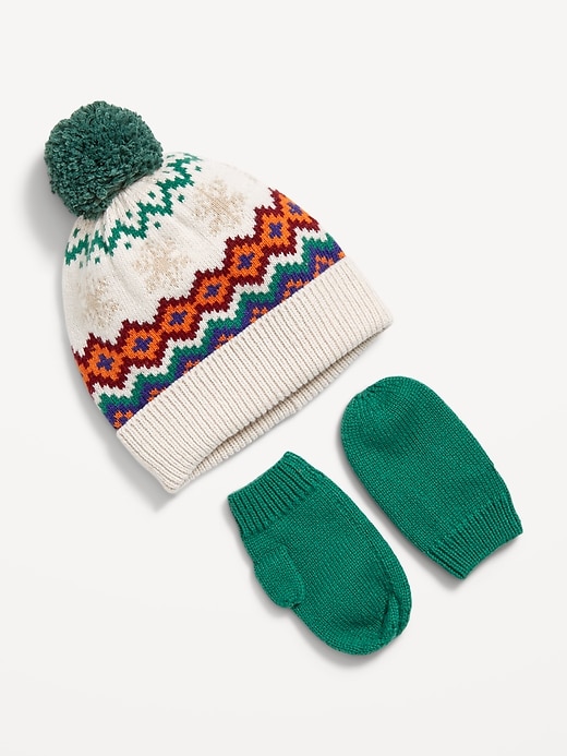 View large product image 1 of 1. Fair Isle Pom Pom Beanie and Mittens Set for Toddler Boys