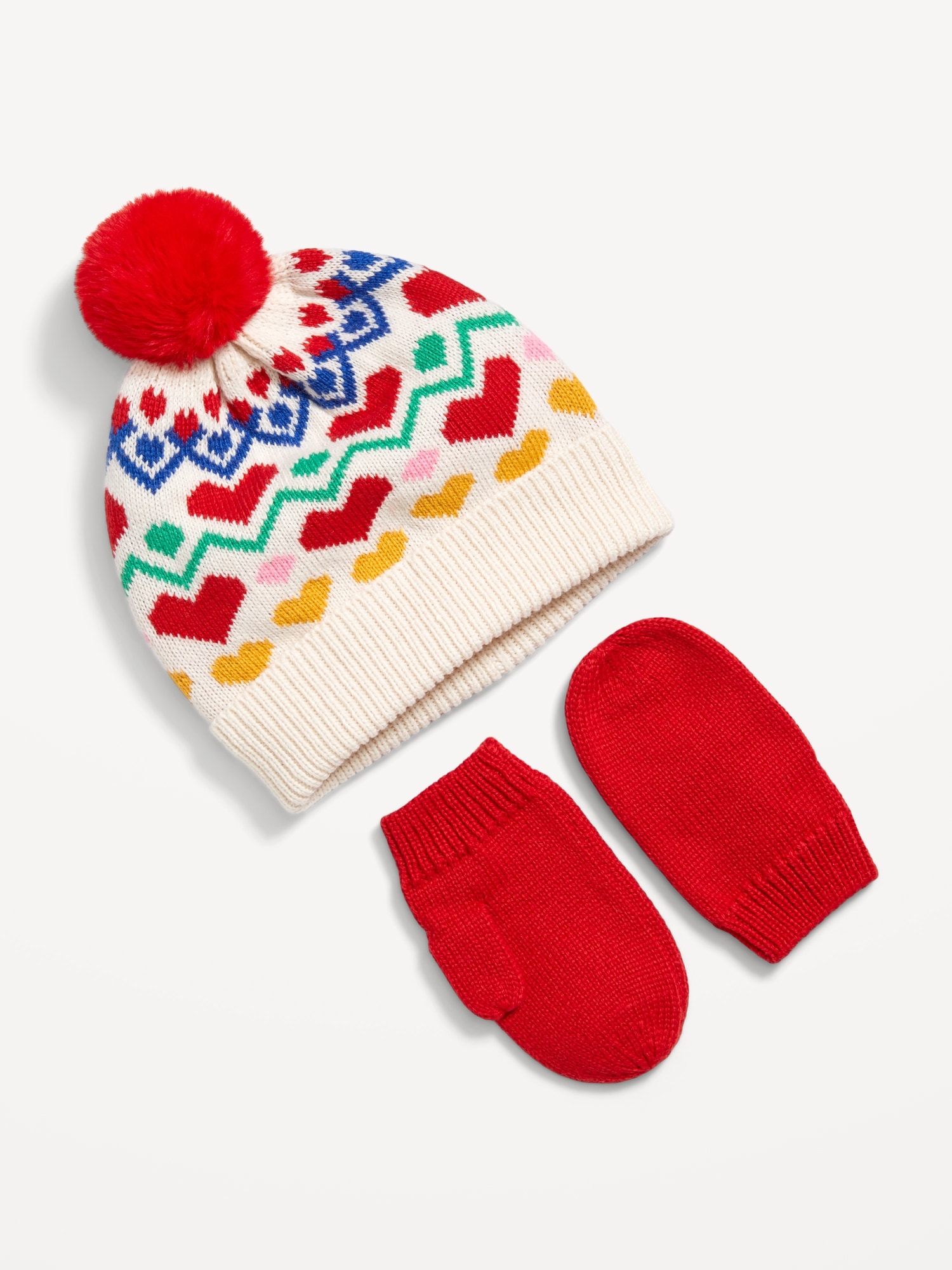 Pom-Pom Beanie and Mittens Set for Toddler Girls