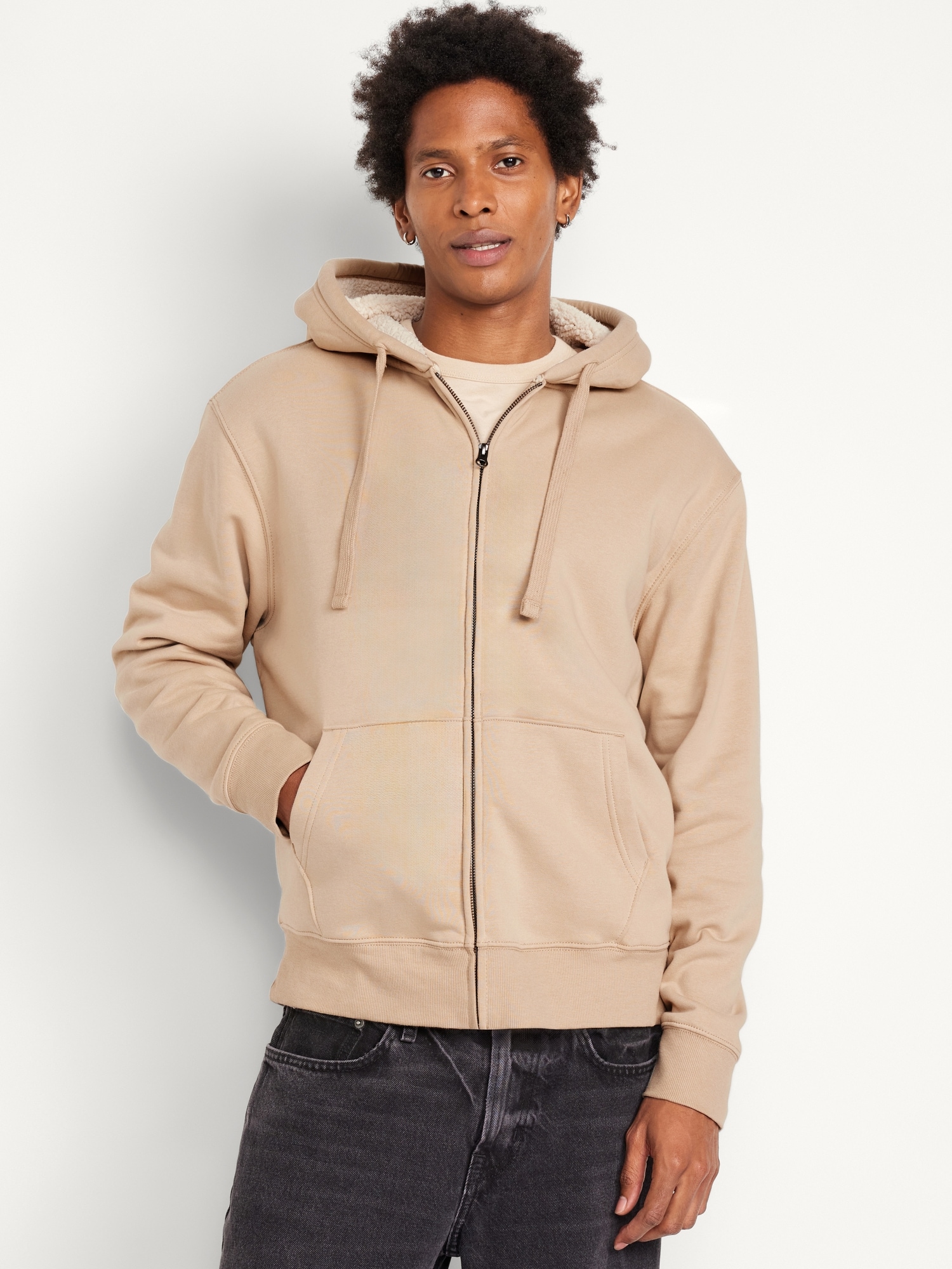 Old Navy Men s Sherpa Lined Zip Hoodie Beige Size L