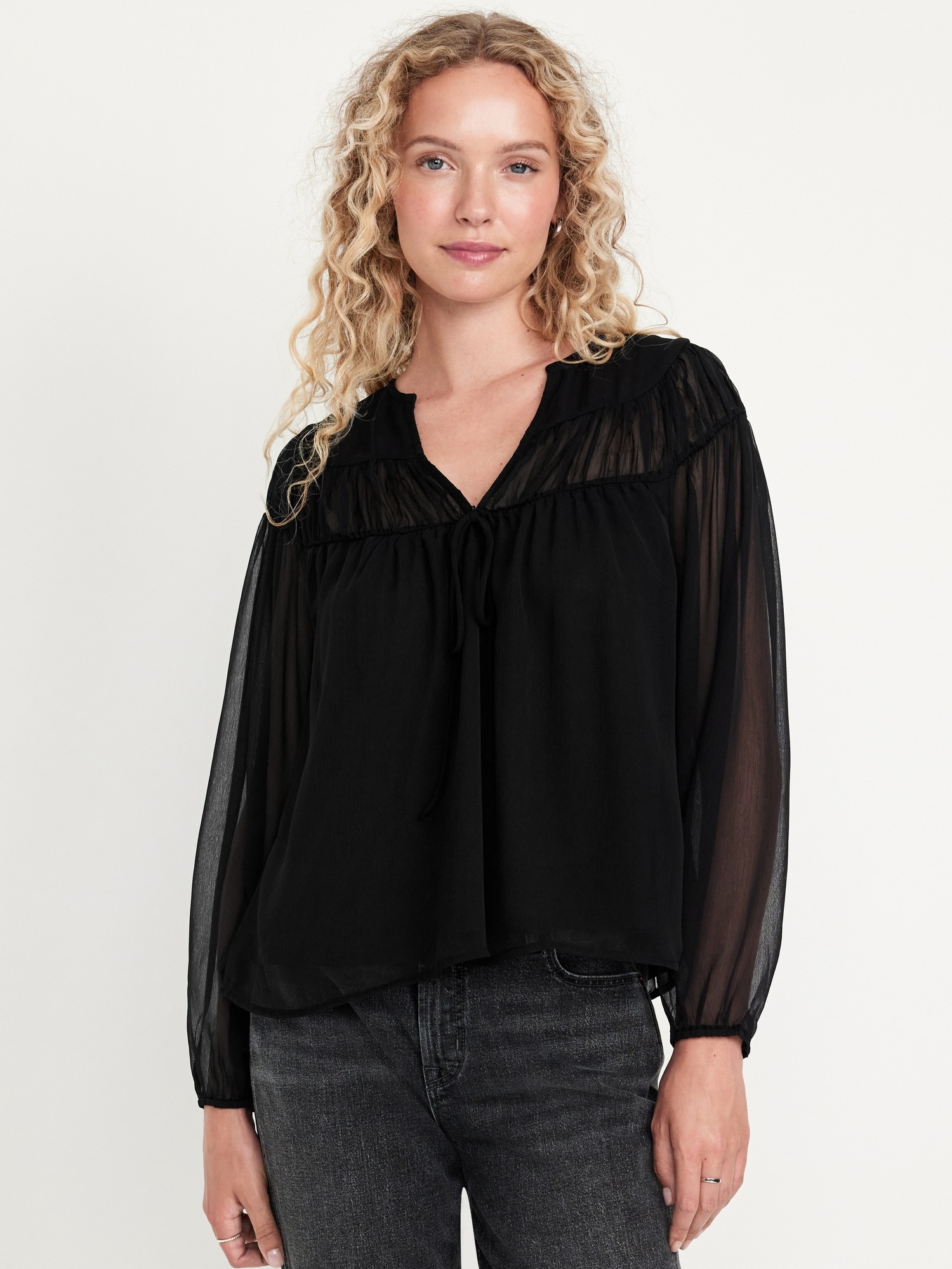 Tie-Front Chiffon Top - Black