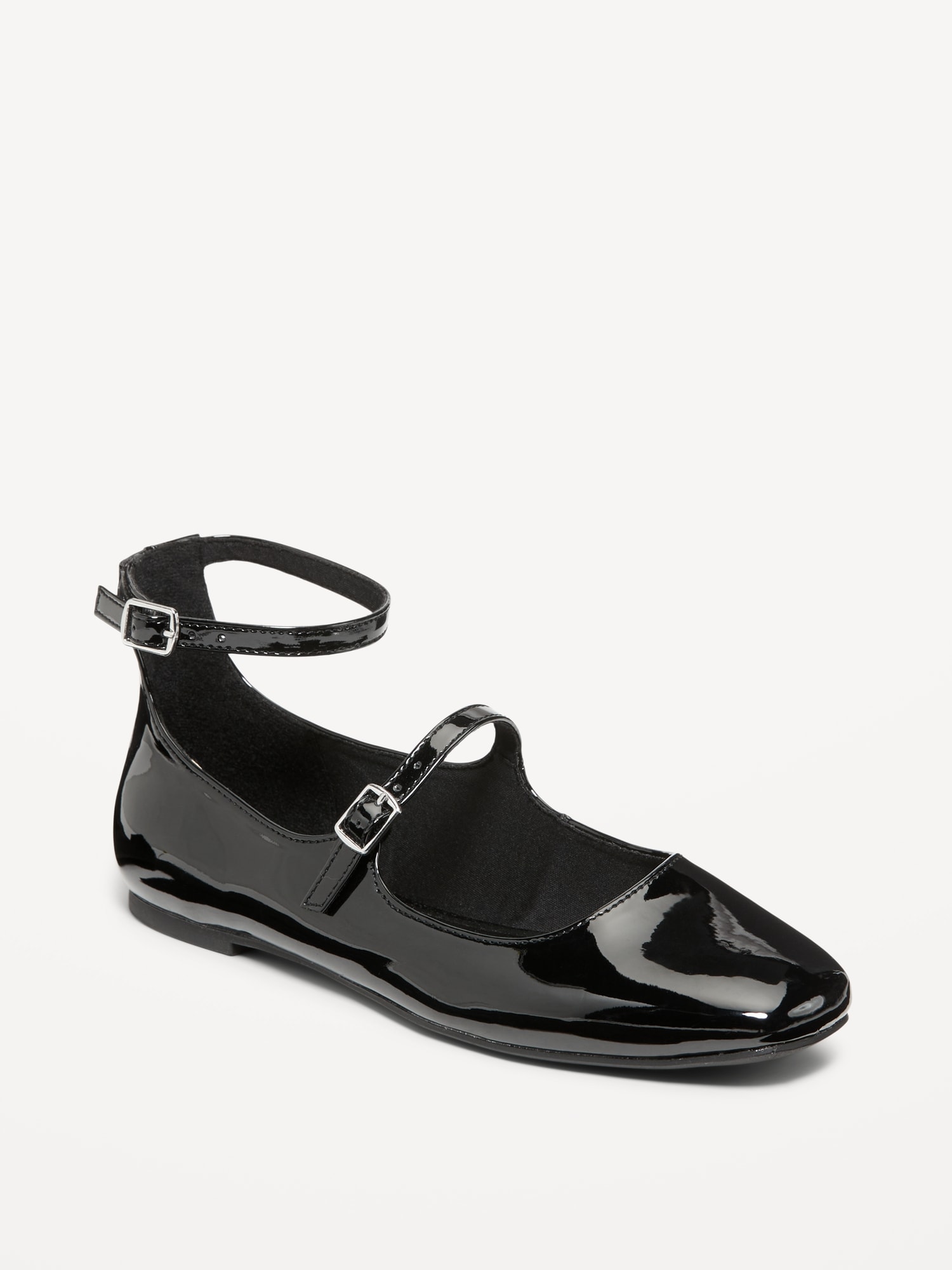 Double-Strap Faux Leather Mary Jane Flats - Black