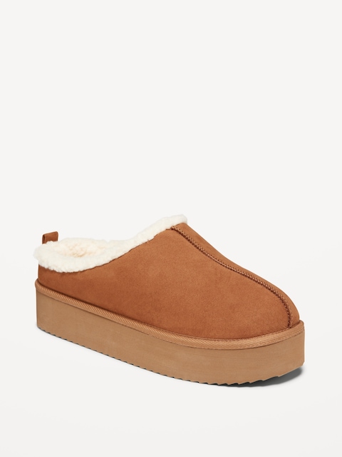 Sherpa-Lined Platform Slippers - Chestnut