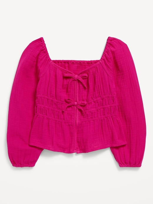 View large product image 2 of 4. Long-Sleeve Double-Weave Bow Top for Girls