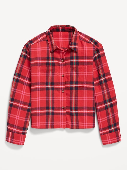 View large product image 2 of 3. Cropped Long-Sleeve Plaid Pocket Flannel Shirt for Girls