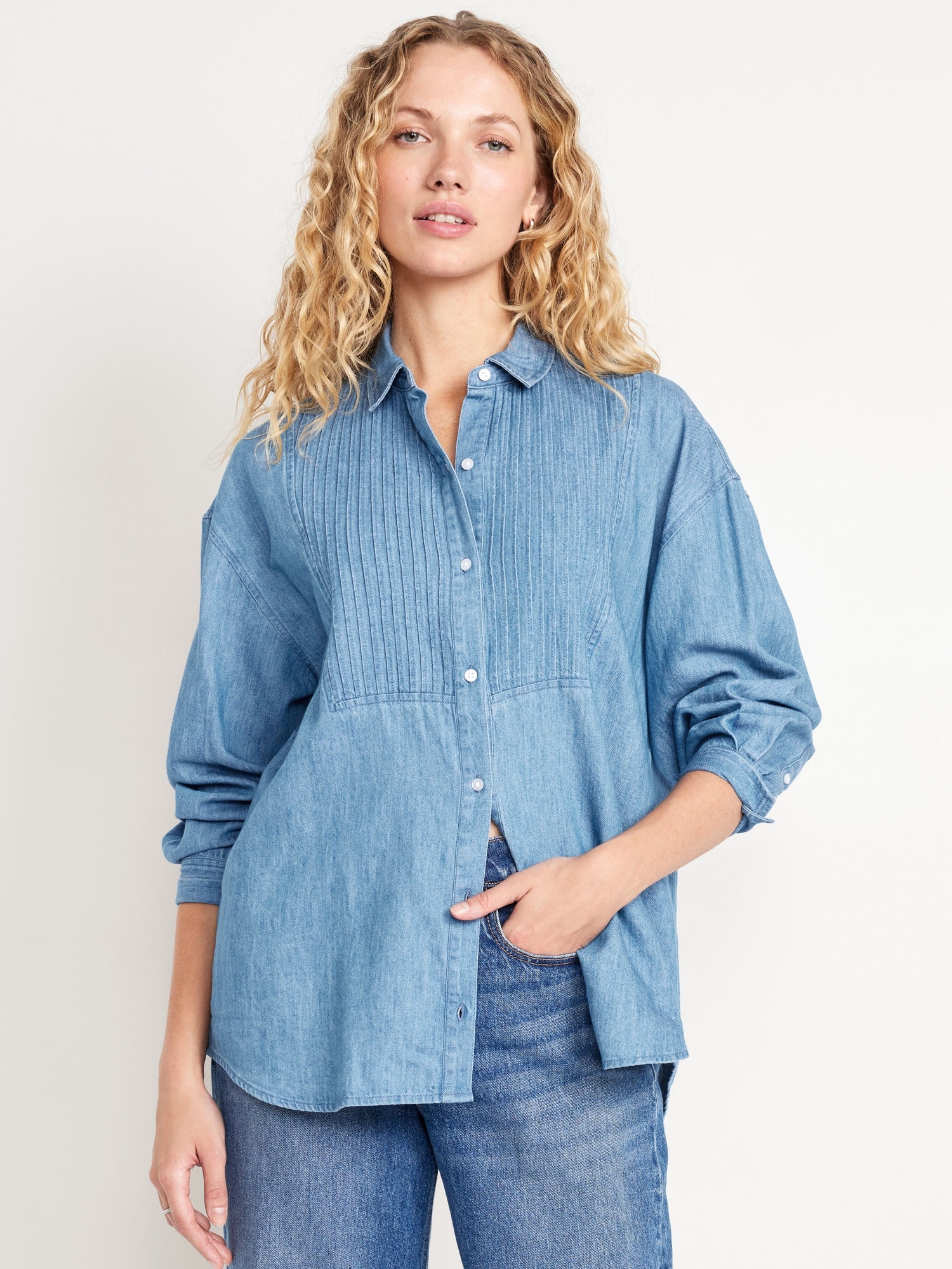 Oversized Button-Down Jean Boyfriend Shirt