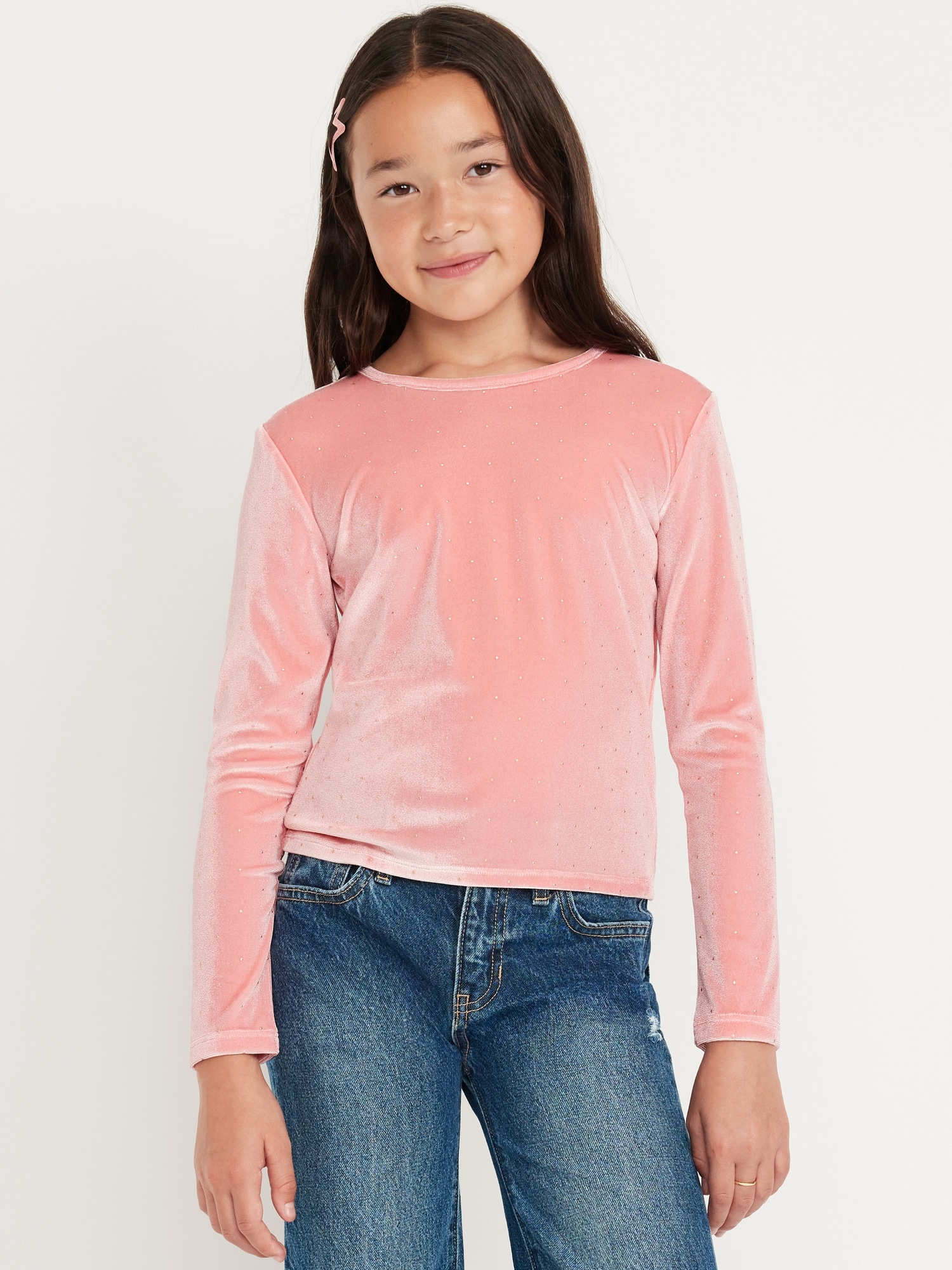 Long-Sleeve Velvet Textured-Dots Top for Girls