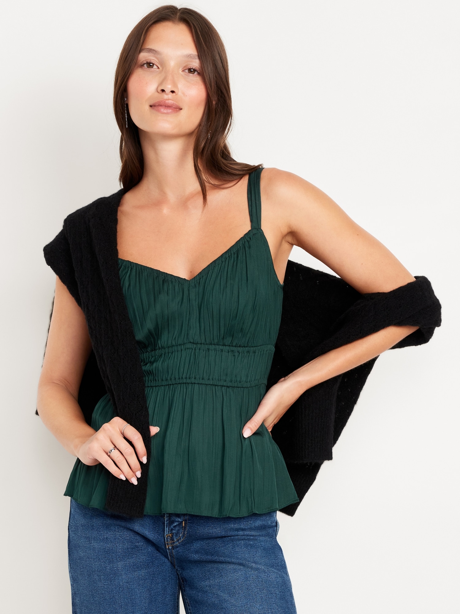 Waist-Defined Satin Top - Green