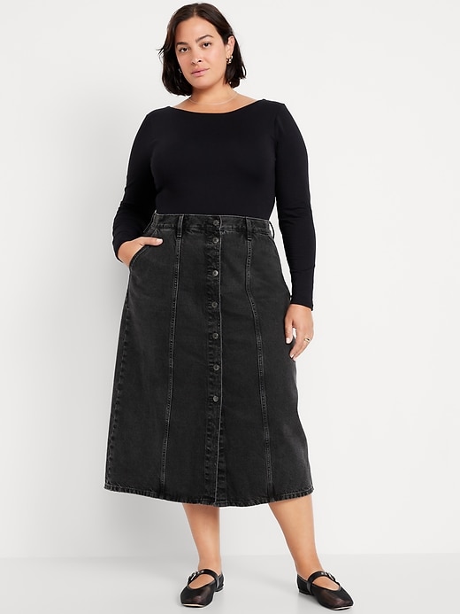 Image number 7 showing, High-Waisted Button-Front Jean Midi Skirt