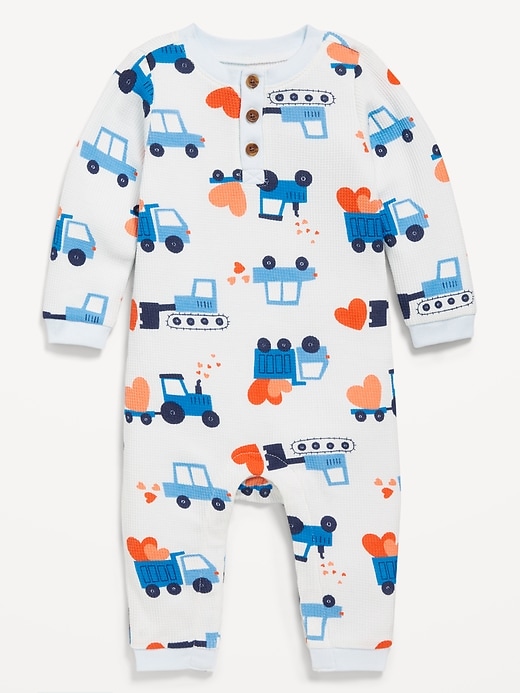 View large product image 1 of 1. Printed Long-Sleeve Thermal-Knit Henley One-Piece for Baby