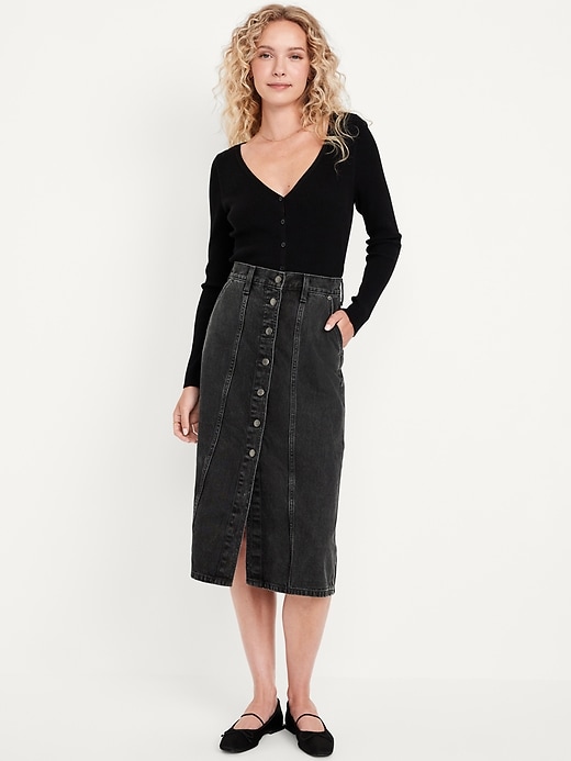 Image number 1 showing, High-Waisted Button-Front Jean Midi Skirt