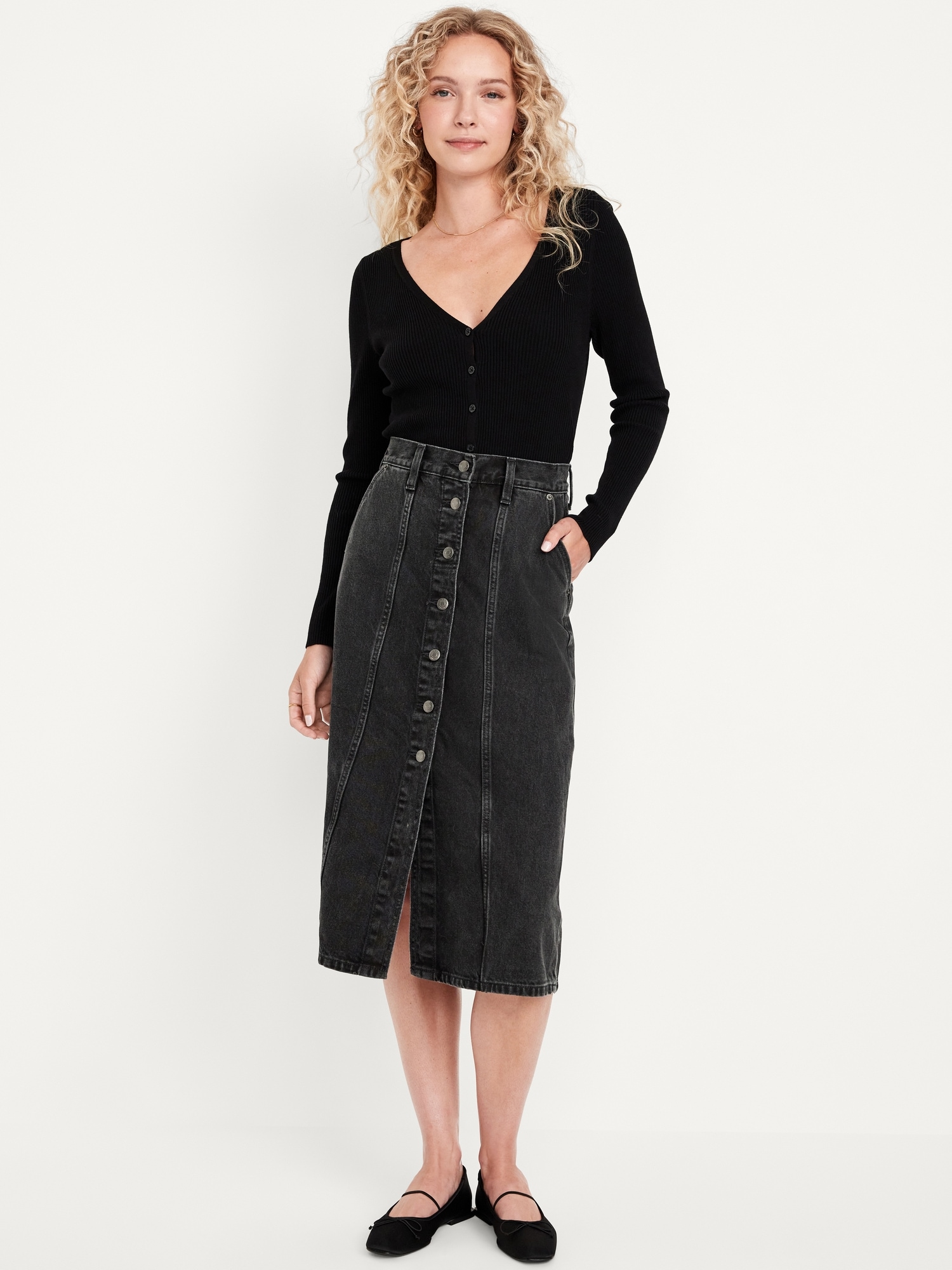 High-Waisted Button-Front Jean Midi Skirt