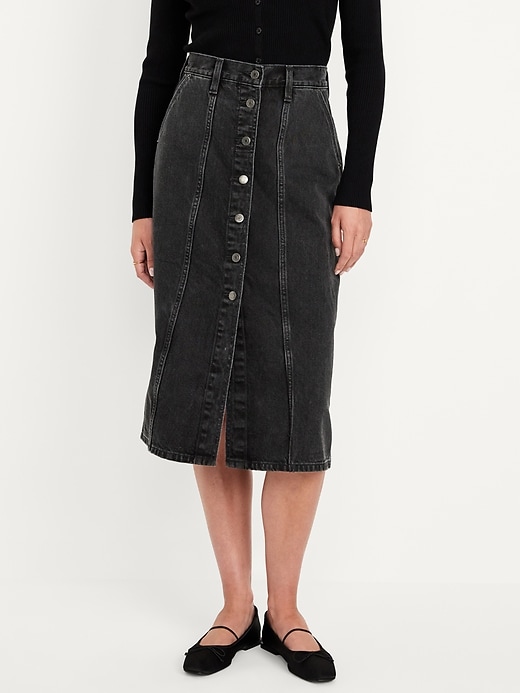 Image number 2 showing, High-Waisted Button-Front Jean Midi Skirt