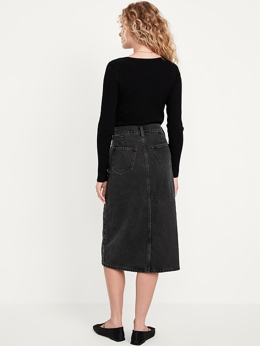 Image number 3 showing, High-Waisted Button-Front Jean Midi Skirt