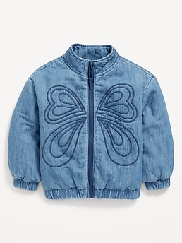 Old Navy Zip Front Embroidered Jean Bomber Jacket for Toddler Girls Blue Size 2T