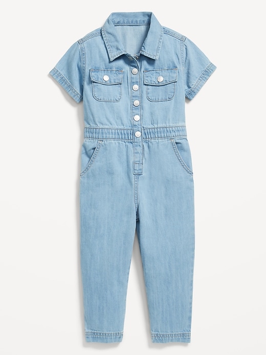 View large product image 1 of 2. Short-Sleeve Utility Pocket Jean Jumpsuit for Toddler Girls