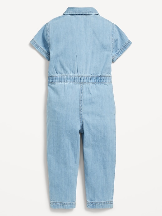 View large product image 2 of 2. Short-Sleeve Utility Pocket Jean Jumpsuit for Toddler Girls