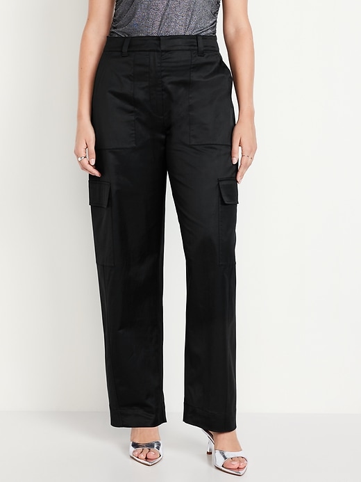 Image number 5 showing, Extra-High Waisted Satin Cargo Barrel Wide-Leg Pants