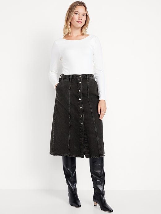 Image number 5 showing, High-Waisted Button-Front Jean Midi Skirt