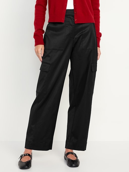 Image number 1 showing, Extra-High Waisted Satin Cargo Barrel Wide-Leg Pants