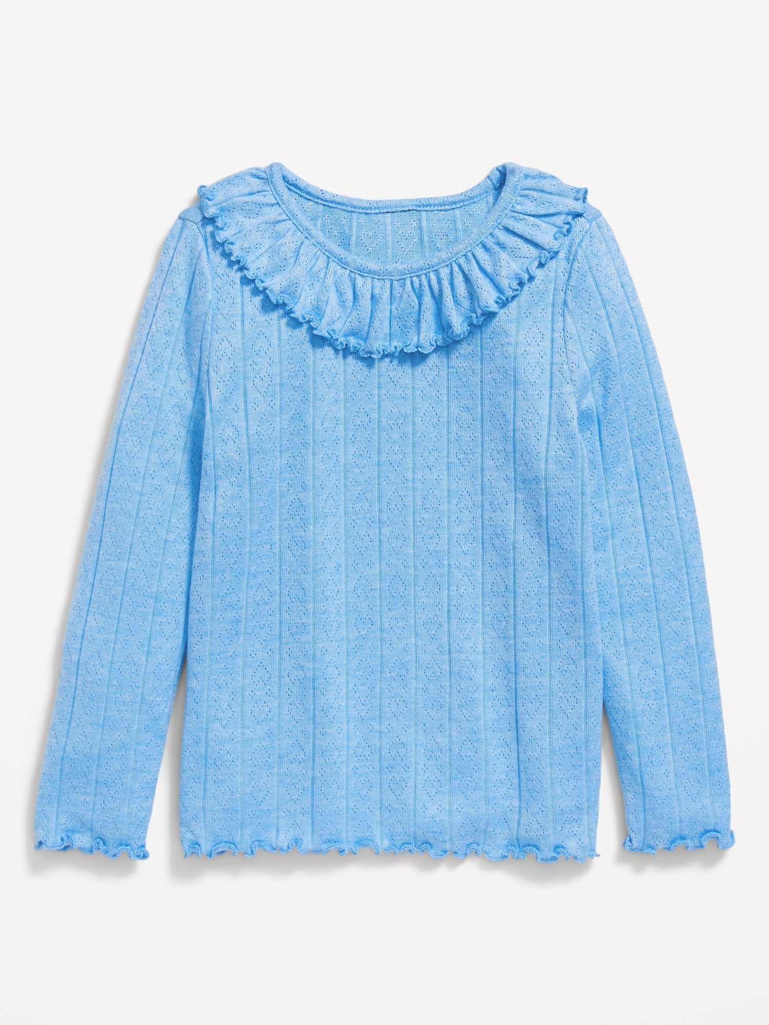 Long-Sleeve Ruffle-Trim Pointelle-Knit Top for Toddler Girls