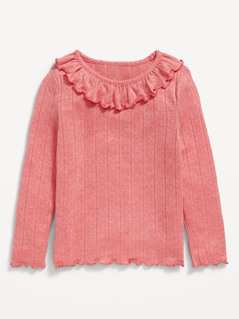 Long-Sleeve Ruffle-Trim Pointelle-Knit Top for Toddler Girls