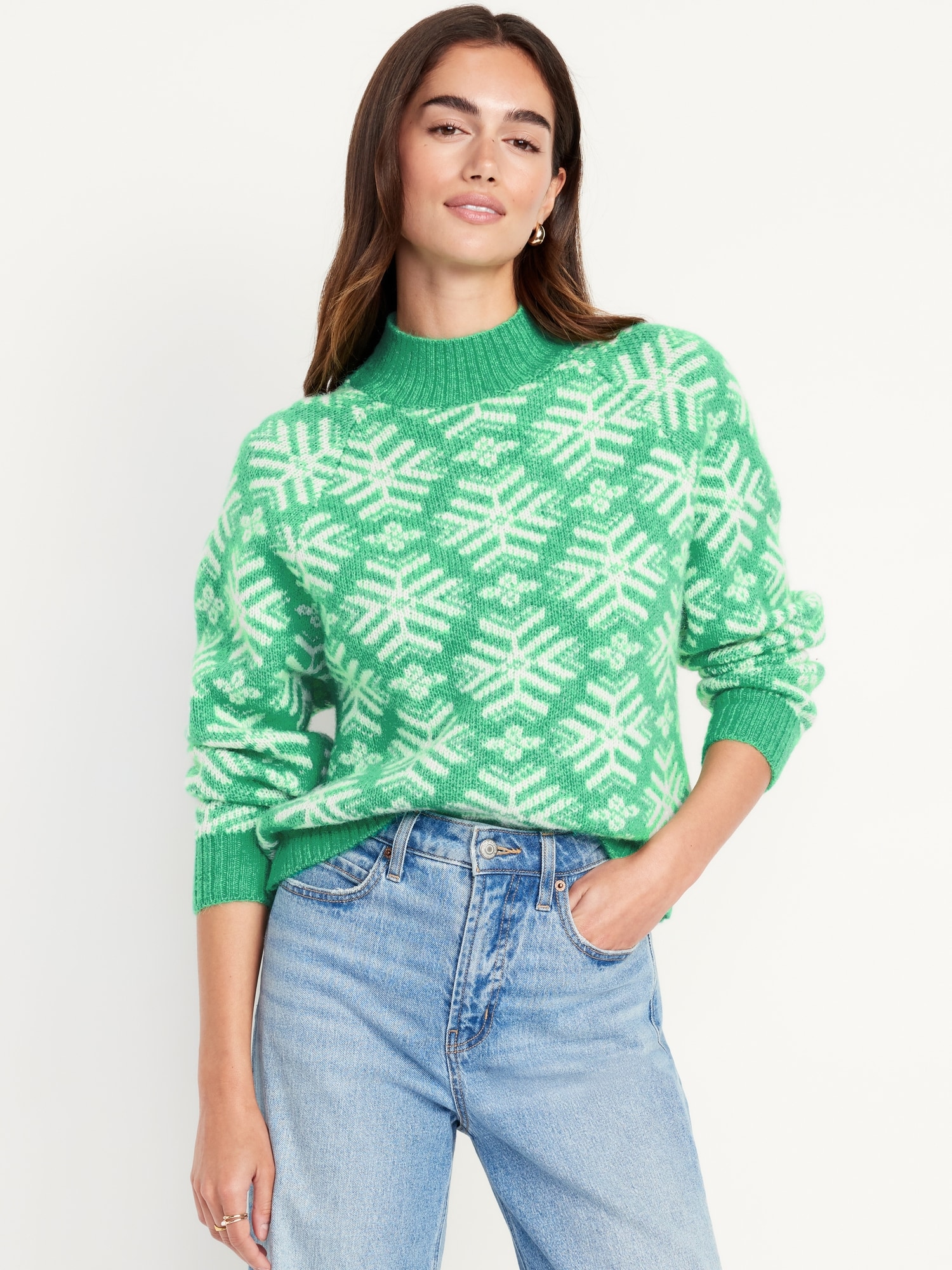 Old Navy Women s Holiday Print Mock Neck Sweater Green Plus Size 2x